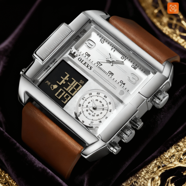 Luxury Dual Display Square Men's Watch – 30M Waterproof | OLEVS Leather Strap Chronograph