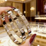 Romantic Starry Sky Bracelet, 18k Rose Gold LOVE Wide Band, 10 Diamond Wedding Gift for Her, Couples Jewelry, Anniversary Gift