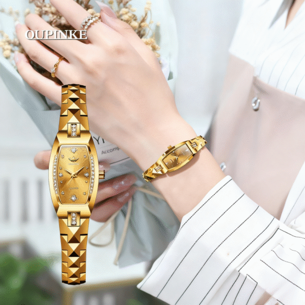Women’s Luxury Watch – Swiss Imported Movement, Elegant Gold Tungsten Steel Waterproof Quartz Wristwatch