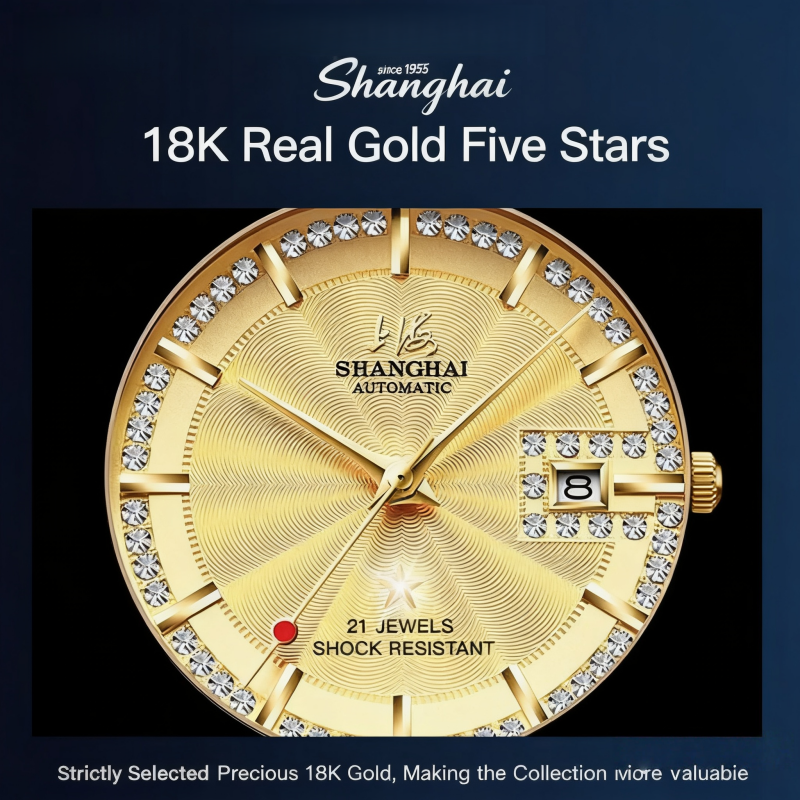Shanghai Diamond 18K Gold Men’s Automatic Watch – Luxury Timepiece for Men