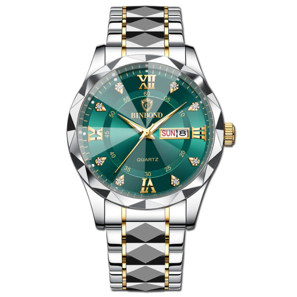 BINBOND genuine men's watch waterproof luminous dual calendar watch men's quartz watch diamond pointed top glass