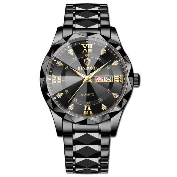 BINBOND genuine men's watch waterproof luminous dual calendar watch men's quartz watch diamond pointed top glass