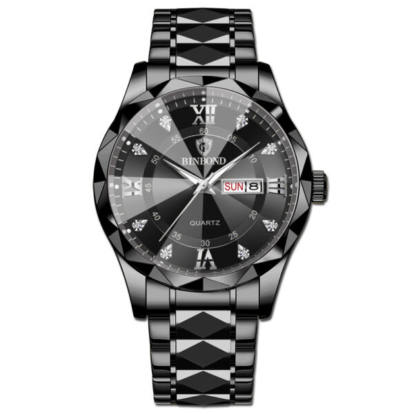 BINBOND genuine men's watch waterproof luminous dual calendar watch men's quartz watch diamond pointed top glass