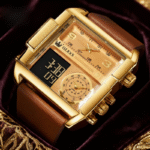 Luxury Dual Display Square Men's Watch – 30M Waterproof | OLEVS Leather Strap Chronograph