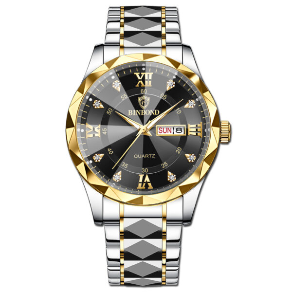 BINBOND genuine men's watch waterproof luminous dual calendar watch men's quartz watch diamond pointed top glass