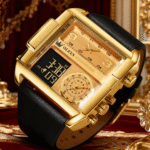 Luxury Dual Display Square Men's Watch – 30M Waterproof | OLEVS Leather Strap Chronograph