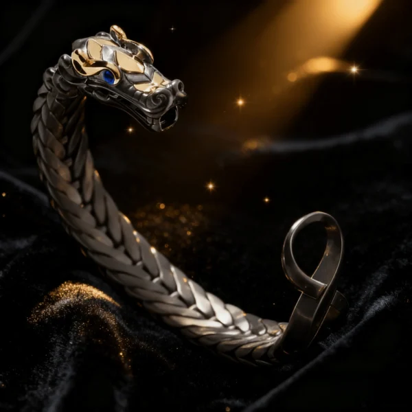 JOHN HARDY Naga Collection Traditional Dragon 18K Gold and Black Rhodium Silver Bracelet with Blue Sapphires — Premium Contemporary Luxury