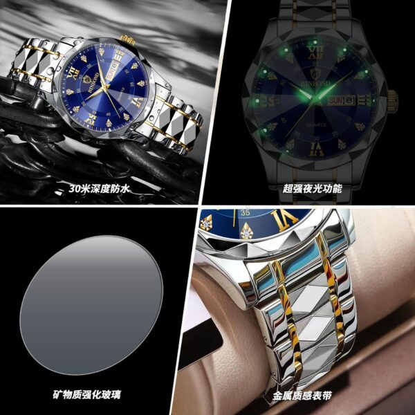 BINBOND genuine men's watch waterproof luminous dual calendar watch men's quartz watch diamond pointed top glass