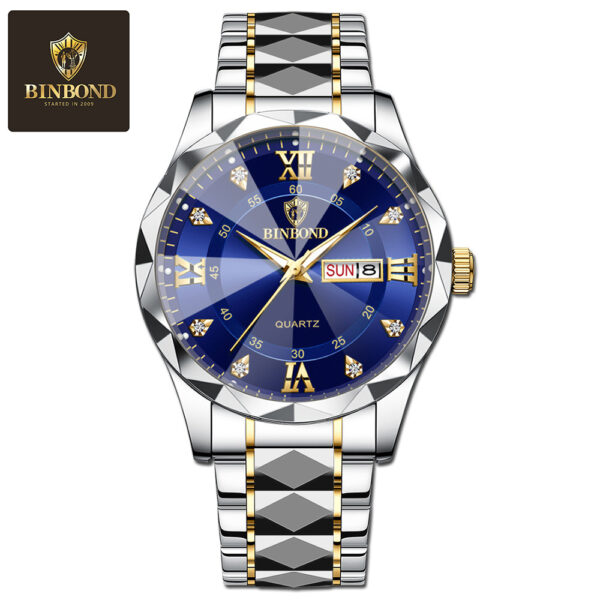 BINBOND genuine men's watch waterproof luminous dual calendar watch men's quartz watch diamond pointed top glass