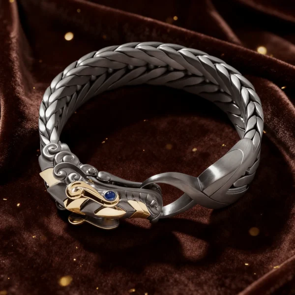 JOHN HARDY Naga Collection Traditional Dragon 18K Gold and Black Rhodium Silver Bracelet with Blue Sapphires — Premium Contemporary Luxury