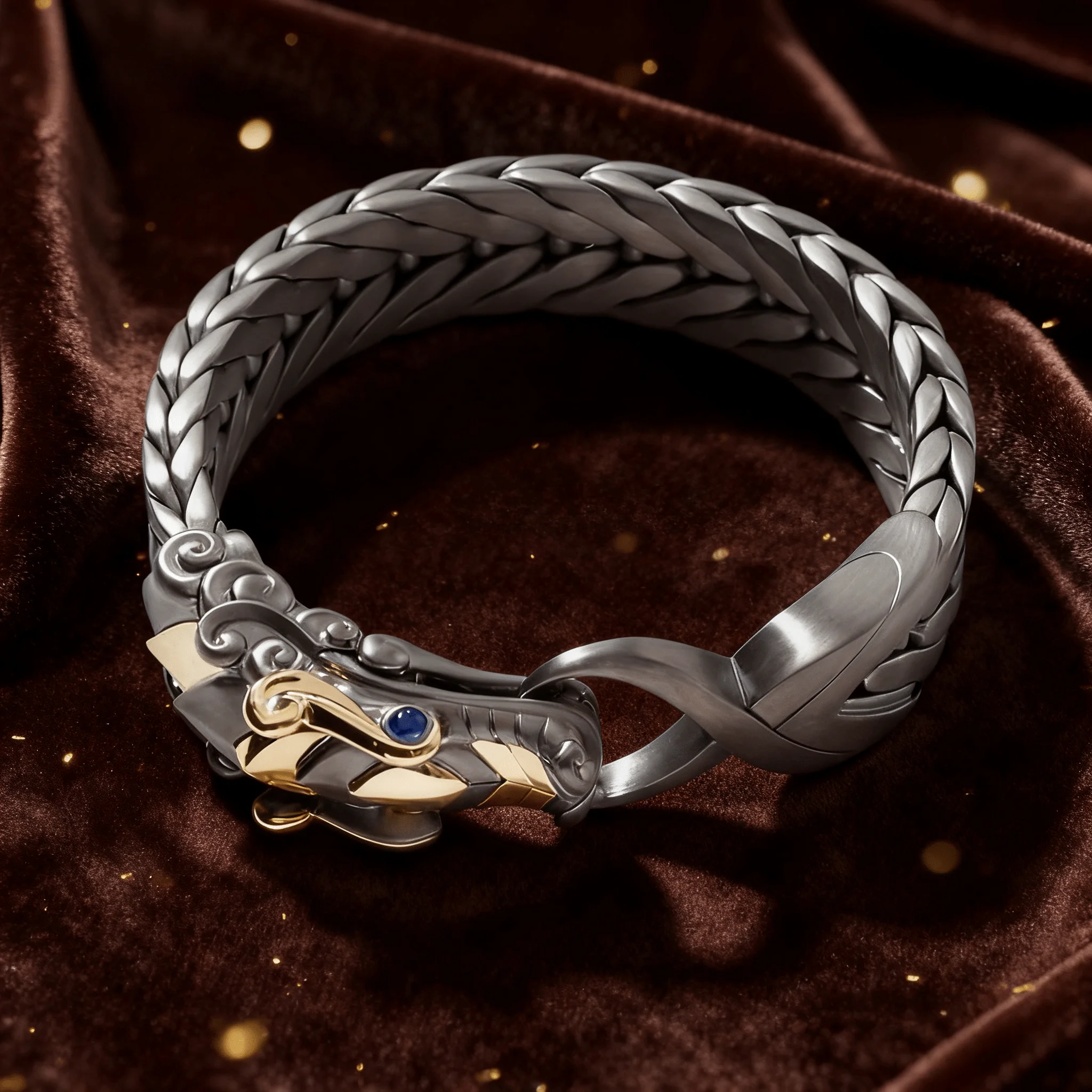 JOHN HARDY Naga Collection Traditional Dragon 18K Gold and Black Rhodium Silver Bracelet with Blue Sapphires — Premium Contemporary Luxury